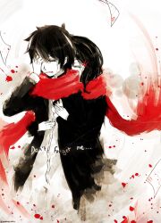  1boy 1girl bad_id bad_pixiv_id black_hair black_jacket buttons closed_eyes comforting couple cropped_torso crying english_commentary english_text enpera facing_ahead floating floating_object gakuran hair_ornament hairclip highres hug hug_from_behind jacket kagerou_project karadavre kisaragi_shintarou limited_palette long_scarf long_sleeves open_clothes open_jacket paper parted_lips red_scarf sad scarf school_uniform shared_clothes shared_scarf shirt short_hair tateyama_ayano tears test_score white_background white_shirt wiping_tears 