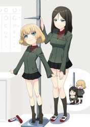  2girls black_hair black_skirt black_socks blonde_hair blue_eyes blush buchikaki closed_mouth girls_und_panzer height_conscious highres katyusha_(girls_und_panzer) long_hair looking_at_another military_uniform miniskirt multiple_girls nonna_(girls_und_panzer) open_mouth pleated_skirt pravda_military_uniform short_hair size_difference skirt smile socks uniform 