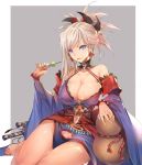 1girl :p bare_shoulders barefoot blue_eyes breasts cleavage earrings fate/grand_order fate_(series) food jewelry khanshin large_breasts long_hair looking_at_viewer magatama miyamoto_musashi_(fate/grand_order) navel pink_hair revision skindentation smile solo takoyaki thighs tongue tongue_out 