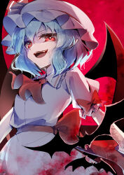  1girl absurdres ascot bat_(animal) bat_wings blue_hair bow collared_shirt commentary_request fang frilled_shirt_collar frills hair_between_eyes hat hat_ribbon highres kinese_(katasutorohu) looking_at_viewer mob_cap moon open_mouth pink_hat pink_shirt pink_skirt pointy_ears puffy_short_sleeves puffy_sleeves red_ascot red_bow red_eyes red_moon remilia_scarlet ribbon shirt short_hair short_sleeves skirt skirt_set sleeve_bow smile solo touhou upper_body wings 