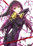  1girl alexwithoutwing bodysuit breasts capelet dual_wielding fate/grand_order fate_(series) gae_bolg highres large_breasts long_hair looking_at_viewer looking_to_the_side open_mouth pauldrons polearm purple_hair red_eyes scathach_(fate/grand_order) skin_tight solo spear veil weapon 