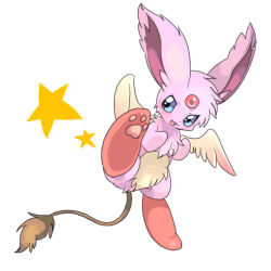  &gt;:) :3 blue_eyes choko_(sweetpocket) commentary_request creature creature_focus feathered_wings fighting_stance forehead_jewel full_body gem kicking lowres no_humans open_mouth original pawpads pink_fur red_gemstone simple_background smile solo v-shaped_eyebrows white_background white_wings wings 