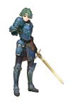  1boy absurdres alm_(fire_emblem) armor armored_boots boots circlet clenched_hand fire_emblem fire_emblem_echoes fire_emblem_echoes:_mou_hitori_no_eiyuuou full_body gloves green_eyes green_hair hidari_(left_side) highres holding holding_sword holding_weapon male_focus official_art outstretched_arm solo sword transparent_background weapon 