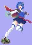 1girl :o blue_background blue_eyes blue_hair blue_skirt brown_shoes cape capelet clenched_hand crescent crescent_hair_ornament fingerless_gloves full_body gloves hair_ornament kyougoku_touya looking_at_viewer open_mouth pointy_ears red_cape rena_lanford serious shirt shoes short_hair skirt solo standing standing_on_one_leg star_ocean star_ocean_the_second_story thigh-highs white_legwear white_shirt 