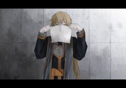  1boy black_jacket blonde_hair call_of_cthulhu chinese_commentary commentary_request gold_trim grey_shirt harufubuki highres holding holding_paper jacket letterboxed long_hair long_sleeves male_focus mussolier_de_shengzhizhe orange_trim original paper shirt solo stole tearing_paper upper_body 