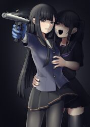  2girls :d absurdres black_eyes black_hair black_nails black_pantyhose black_sailor_collar black_serafuku black_shirt black_skirt black_thighhighs blue_gloves blue_shirt diagonal_bangs fang firing gloves grey_background grey_eyes gun hair_over_one_eye handgun highres holding holding_gun holding_weapon long_hair long_sleeves multiple_girls nail_polish neckerchief one_side_up original outstretched_arm pantyhose paravene pleated_skirt purple_neckerchief ruger_mark_ii sailor_collar school_uniform serafuku shell_casing shirt short_sleeves skirt smile smoking_pipe thigh-highs very_long_hair weapon 