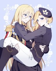  2girls aiguillette azur_lane bismarck_(azur_lane) bismarck_(beacon_of_the_iron_blood)_(azur_lane) bismarck_(coat_of_arms) blonde_hair boots carrying coat_of_arms dress epaulettes evening_gown flower hair_between_eyes hat hat_flower hood_(azur_lane) hood_(gentlewoman_and_stallion)_(azur_lane) knee_boots long_hair medal medallion multiple_girls official_alternate_costume pants princess_carry riding_boots riding_outfit side_cape single_epaulette tilted_headwear white_pants xunyangjian 