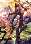  2girls armor armored_boots autumn_leaves baisi_shaonian barefoot black_gloves blue_eyes boots breasts brown_hair cleavage dress elbow_gloves flower full_body gloves hair_flower hair_ornament hand_in_hair high_ponytail highres holding holding_sword holding_weapon long_hair medium_breasts multiple_girls no_bra original outdoors red_eyes red_flower silver_hair sitting standing sword weapon white_dress 