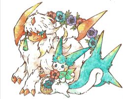  2others absol basket blue_eyes blue_fur colored_skin fangs flower green_scarf heterochromia holding holding_flower looking_at_another multiple_others pachirisu pokemon pokemon_(creature) rai_(rai_kw) red_claws red_skin scarf skin_fangs white_fur 