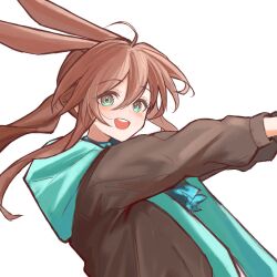  1girl :d amiya_(arknights) animal_ears arknights black_jacket blush brown_hair commentary green_eyes green_jacket ha_(huton_in_mach) hair_between_eyes highres jacket long_hair long_sleeves looking_at_viewer open_mouth outstretched_arms rabbit_ears rabbit_girl round_teeth simple_background smile solo teeth two-sided_fabric two-sided_jacket upper_body upper_teeth_only white_background 