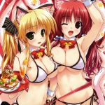  animal_ears arm_up asymmetrical_docking bell bikini blonde_hair bow bowtie breast_press breasts cat_ears cat_tail dessert detached_collar drink fang food green_eyes halter_top halterneck holding jingle_bell large_breasts long_hair looking_at_viewer navel open_mouth oshiki_hitoshi red_eyes redhead ribbon side-tie_bikini sidelocks swimsuit tail tray twintails wings 