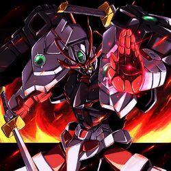  fire gundam gundam_build_fighters katana mecha no_humans outstretched_arm palms runaru sengoku_astray_gundam sheath solo sword weapon 