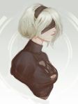  1girl black_hairband black_shirt blindfold breasts cleavage_cutout closed_mouth commentary duplicate from_side hairband medium_breasts nier_(series) nier_automata nose portrait profile puffy_short_sleeves puffy_sleeves raikoart shirt short_hair short_sleeves signature silver_hair solo turtleneck yorha_no._2_type_b 
