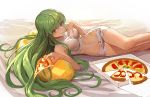  1girl baby-doll bare_shoulders bed_sheet breasts c.c. cheese-kun code_geass crop_top food green_hair groin highres hips impossible_clothes impossible_shirt licking_lips long_hair looking_at_viewer lying midriff navel on_bed on_side pillow pizza pizza_box shiny shiny_hair shiny_skin shirt short_shorts shorts sidelocks smile solo tongue tongue_out very_long_hair white_shorts yellow_eyes 