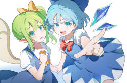  2girls ascot blue_bow blue_dress blue_eyes blue_hair bow bowtie cirno collared_shirt commentary_request daiyousei detached_wings dress fairy fairy_wings green_hair hair_bow highres holding_hands ice ice_wings looking_at_viewer multiple_girls open_mouth parted_bangs pinafore_dress pointing pointing_at_viewer puffy_short_sleeves puffy_sleeves red_bow red_bowtie sarukana shirt short_hair short_sleeves simple_background sleeveless sleeveless_dress touhou upper_body white_background white_shirt wings yellow_ascot yellow_bow 