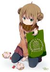  1girl 2017 :3 ahoge artist_name bangs bird black_legwear blush brown_coat brown_hair brown_scarf brown_skirt cat chick coat copyright_name dated double_bun duffel_coat eyebrows_visible_through_hair green_eyes holding_bag kneeling looking_at_viewer ootani_nyuu pantyhose parted_lips plaid plaid_scarf pleated_skirt ragho_no_erika scarf signature simple_background skirt solo stuffed_animal stuffed_chicken stuffed_toy sukurizo! tareme white_background year_of_the_rooster 
