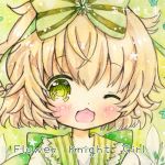  1girl ;d artist_name blonde_hair blush bow close-up copyright_name emo_(mikan) face flower flower_knight_girl green_background green_bow green_eyes hair_bow hakobera_(flower_knight_girl) looking_at_viewer lowres messy_hair one_eye_closed open_mouth short_hair smile solo striped striped_bow traditional_media watercolor_(medium) 