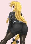  ass belt bent_over black_legwear blonde_hair fate_testarossa from_behind hair_ribbon hand_on_own_thigh highres long_hair long_sleeves looking_at_viewer looking_back low-tied_long_hair lyrical_nanoha mahou_shoujo_lyrical_nanoha mahou_shoujo_lyrical_nanoha_strikers military military_uniform pantyhose pantylines parted_lips pencil_skirt pink_background red_eyes ribbon seamed_legwear shiny shiny_hair simple_background skirt uniform very_long_hair wanyan_aguda 