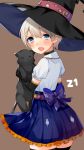 1girl :&lt; =_= bangs black_gloves black_legwear blonde_hair blue_eyes blue_skirt blush brown_background character_name collar elbow_gloves eyebrows_visible_through_hair frilled_skirt frills from_behind gloves hair_between_eyes halloween hat high-waist_skirt highres holding_cat kantai_collection looking_at_viewer looking_back nan_(jyomyon) open_mouth pleated_skirt short_hair simple_background skirt smile solo thigh-highs witch_hat z1_leberecht_maass_(kantai_collection) 