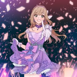  1girl :d blonde_hair blush bow com_(com0107) confetti dress earrings flower flower_earrings flower_necklace gloves glowstick green_eyes hair_bow hairband highres idolmaster idolmaster_cinderella_girls idolmaster_cinderella_girls_starlight_stage jewelry lace_trim long_hair looking_to_the_side pearl_hair_ornament petticoat pointing pointing_forward purple_dress purple_theme rose sato_shin skirt_hold smile solo 