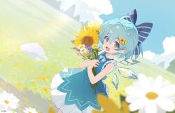  1girl :d ahoge blue_bow blue_dress blue_eyes blue_hair blue_sky bouquet bow cirno cirno_day clouds commentary dress dutch_angle feet_out_of_frame field flower flower_field hair_flower hair_ornament highres holding holding_bouquet ice ice_wings looking_at_viewer neck_ribbon open_mouth outdoors ribbon rock short_hair siyumu skirt sky sleeveless sleeveless_dress smile solo sunflower sunflower_hair_ornament touhou white_flower white_ribbon white_skirt wings 