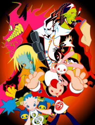  2000s_(style) 2others 4boys 4girls abs amp_(cool_cool_toon) aqua_eyes aqua_hair aqua_outline arms_at_sides bandaged_fingers bandaged_hand bandages bare_arms bare_shoulders baseball_cap beard black_bodysuit black_eyes black_hair black_headphones black_hood black_mask black_pants black_sclera black_skin black_sleeves blonde_hair blue_outline blue_pants blue_pupils bodysuit bolt_(hardware) bracelet breasts broad_shoulders bug_print buttons camouflage camouflage_dress camouflage_headwear center_opening child clenched_teeth closed_mouth collar collarbone collared_dress colored_eyelashes colored_sclera colored_skin concept_art cool_cool_toon dot_nose dreadlocks dress earrings eyelashes facial_hair fish_girl flame_print forehead freckles gills green_dress green_hat green_lips green_outline green_skin gyoubu_ippei hairband hat high_collar hood hood_up impossible_hair ival_(cool_cool_toon) jewelry jpeg_artifacts kamio_(cool_cool_toon) king_(cool_cool_toon) lagoona_(cool_cool_toon) large_breasts legs_apart lips long_hair looking_at_viewer looking_to_the_side mask monster_girl multicolored_clothes multicolored_dress multicolored_hair multicolored_hairband multicolored_hat multiple_boys multiple_girls multiple_others muscular muscular_male musical_note musical_note_print no_pupils object_through_head official_art open_hands open_mouth orange_collar orange_dress orange_eyes orange_outline outline oversized_object pants pointy_ears print_headphones print_headwear print_shirt print_sleeves rabbit ranke_(cool_cool_toon) red_bodysuit red_collar red_eyes red_sleeves screw_in_head sharp_teeth shirt short_dress short_hair silver_earrings simple_background sleeve_cuffs sleeveless sleeveless_dress smile snk spica_(cool_cool_toon) spiky_hair standing stitched_face stitches streaked_hair tachi-e tall_male teeth tongue toon_(style) treble_clef turtleneck twintails two-tone_bodysuit two-tone_hair two-tone_shirt unworn_mask updo werewolf white_eyes white_hair white_hat white_lips white_rabbit_(animal) white_shirt white_skin white_sleeve_cuffs 