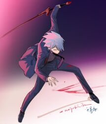  1boy aki_(neyuki41028) anti_(ssss.gridman) blue_eyes formal grey_hair gridman_universe gridman_universe_(film) holding holding_sword holding_weapon jacket katana long_sleeves looking_at_viewer necktie pants reverse_grip shirt short_hair ssss.dynazenon suit sword weapon 