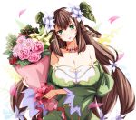  1girl bare_shoulders blush bouquet braid breasts brown_hair cleavage dress fiore_(sennen_sensou_aigis) flower flower_necklace green_dress green_eyes hair_flower hair_ornament hair_rings head_tilt highres jewelry large_breasts leaf long_hair looking_at_viewer necklace parted_lips petals ribbon rose runaru sennen_sensou_aigis solo twin_braids very_long_hair 