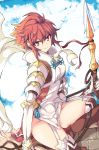  1girl arm_guards armor dress echizen_(hvcv) eyebrows_visible_through_hair fire_emblem fire_emblem_if highres hinoka_(fire_emblem_if) holding holding_weapon looking_at_viewer polearm red_eyes redhead scarf short_dress short_hair shoulder_armor sitting smile spear thigh-highs weapon 