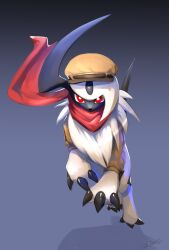  absol absol_(explorer) absurdres bright_pupils brown_hat brown_shirt claws clothed_pokemon floating_scarf full_body grey_background hat highres likey looking_at_viewer pokemon pokemon_unite red_eyes red_scarf scarf shirt signature white_fur white_pupils 