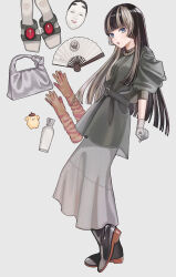  1girl absurdres bag belt_buckle black_footwear black_hair blue_eyes blunt_bangs blunt_ends boots bottle brown_gloves buckle crossed_legs dog dress folding_fan full_body fyuu-ka gloves grey_background grey_bag grey_dress grey_gloves grey_hair hand_fan handbag highres hime_cut hololive hololive_dev_is jewelry juufuutei_raden long_hair looking_ahead mask multicolored_hair necklace noh_mask paper_fan parted_lips pearl_necklace pompompurin puffy_short_sleeves puffy_sleeves sandals sanrio shoes short_sleeves simple_background solo standing streaked_hair two-tone_hair unworn_gloves unworn_mask unworn_sandals unworn_shoes very_long_hair virtual_youtuber 