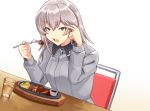  1girl akaneyu_akiiro blue_eyes chair eating fork girls_und_panzer glass hamburger_steak holding itsumi_erika long_hair looking_at_viewer open_mouth silver_hair simple_background solo table water white_background 
