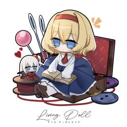  2girls absurdres alice_margatroid alternate_costume ascot blonde_hair blue_eyes blush book brown_shoes buttons capelet character_name chibi chibi_only closed_mouth commentary dress english_commentary hair_bobbles hair_ornament hairband heart highres long_sleeves mixed-language_commentary multiple_girls multiple_wings needle no_noru one_side_up open_book pantyhose red_ascot red_dress red_hairband sewing_needle shinki_(touhou) shirt shoes sitting smile suitcase touhou touhou_(pc-98) translation_request white_pantyhose white_shirt wings 