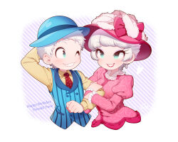  1boy 1girl animification arm_behind_head blue_eyes blue_hat blue_vest blush bowler_hat brown_shirt character_name collared_shirt cropped_legs daisy_duck disney donald_duck earrings grin happy_birthday hat heart humanization jewelry juliet_sleeves kiri_futoshi lipstick long_eyelashes long_sleeves makeup necktie pink_shirt puffy_sleeves red_necktie shirt short_hair smile striped_clothes striped_vest vertical-striped_clothes vertical-striped_vest vest white_background white_hair 