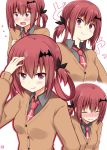  1girl akane_souichi bangs bat_hair_ornament black_ribbon black_shirt blush breasts brown_hair cardigan closed_mouth collared_shirt cross_print crying crying_with_eyes_open doyagao eyebrows_visible_through_hair fang flying_sweatdrops full-face_blush gabriel_dropout hair_between_eyes hair_ornament hair_ribbon hair_rings kurumizawa_satanichia_mcdowell long_hair looking_at_viewer medium_breasts multiple_views necktie open_mouth parted_lips red_necktie ribbon shirt simple_background smile smug tears trembling tsurime upper_body wavy_mouth white_background 