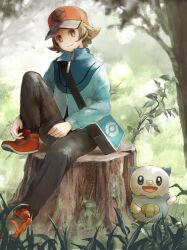  1boy bag baseball_cap black_pants blue_jacket brown_eyes brown_hair fangs foliage freckles grass hand_up hat highres hilbert_(pokemon) jacket knee_up looking_at_viewer male_focus messenger_bag moss open_mouth oshawott pants plant poke_ball_print pokemon pokemon_(creature) pokemon_bw red_footwear ringosan2329 short_hair shoulder_bag sitting sitting_on_tree_stump skin_fangs smile tree waving zipper_pull_tab 