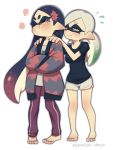  +_+ 2girls :&gt; absurdres alternate_costume alternate_hairstyle annoyed aori_(splatoon) barefoot black_hair blush breasts breath closed_eyes closed_mouth domino_mask frown full_body gradient_hair green_hair hands_on_another&#039;s_shoulders highres hotaru_(splatoon) long_hair looking_at_another mask mole mole_under_eye multicolored_hair multiple_girls no_earrings pointy_ears pout puchiman purple_hair short_hair silver_hair simple_background smile splatoon standing sweatdrop symbol-shaped_pupils teardrop tearing_up tentacle tentacle_hair white_background 