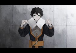  1boy black_hair black_jacket call_of_cthulhu chinese_commentary closed_mouth commentary_request green_eyes grey_shirt harufubuki highres holding holding_paper jacket jewelry letterboxed long_sleeves male_focus mole mole_under_eye mussolier_de_shengzhizhe necklace orange_trim original paper shirt short_hair smile solo tearing_paper upper_body 