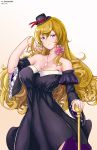  1girl absurdres alternate_costume artist_request black_dress blonde_hair blue_eyes breasts cane chess_piece cleavage curly_hair detached_sleeves dress drill_hair erect_nipples flower frilled_sleeves frills hat highres jewelry large_breasts lion_(zhan_jian_shao_nyu) long_hair looking_at_viewer mini_hat necklace pink_flower rose single_earring solo strapless strapless_dress wide_sleeves zhan_jian_shao_nyu 