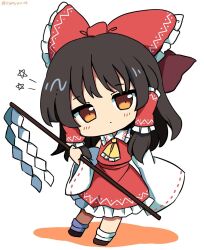  1girl ascot black_footwear blush bow brown_eyes chibi detached_sleeves frilled_bow frills gohei hair_bow hair_tubes hakurei_reimu hashtag-only_commentary highres holding japanese_clothes looking_at_viewer miko nontraditional_miko ramudia_(lamyun) red_bow red_skirt reimu_day ribbon-trimmed_sleeves ribbon_trim sidelocks simple_background skirt solo standing star_(symbol) touhou twitter_username white_background wide_sleeves yellow_ascot 