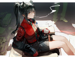  1girl 3_4month animal_ear_fluff animal_ears arknights black_hair black_jacket black_shorts chair cigarette cigarette_pack collared_shirt english_commentary from_above highres holding holding_cigarette_pack jacket looking_to_the_side necktie off_shoulder orange_eyes ponytail red_shirt shirt shorts sitting smoking_pipe solo texas_(arknights) texas_(willpower)_(arknights) thigh_strap wolf_ears wolf_girl wooden_floor 