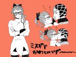  1boy 1girl blush bow closed_eyes crossed_arms frown genderswap genderswap_(mtf) ghiaccio glasses guido_mista hair_bow hat jojo_no_kimyou_na_bouken kiss monochrome ponytail sugamene sweat sweatdrop thigh-highs translation_request turtleneck 