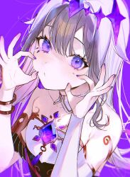  1girl cheek_pinching circlet closed_mouth commentary expressionless gem grey_hair hololive hololive_english jewel_under_eye kayahara koseki_bijou long_hair looking_at_viewer multicolored_hair pinching purple_background simple_background solo symbol-only_commentary very_long_hair violet_eyes virtual_youtuber 