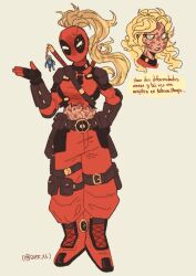  1girl abs adventure_time alternate_costume baggy_pants blonde_hair boots breasts charm_(object) commentary deadpool_(series) english_commentary finn_the_human full_body hand_on_own_hip highres katana lady_deadpool marvel mask medium_breasts midriff over_x6 pants ponytail pouch sheath sheathed solo spanish_text superhero_costume sword sword_on_back torn_clothes translation_request weapon weapon_on_back 