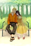  1boy 1girl bench black_hair blonde_hair breasts closed_eyes couple dress hal_(sakurajam) hand_holding highres hood hoodie hyuuga_hinata large_breasts long_dress long_hair naruto naruto_shippuuden park_bench sandals sitting uzumaki_naruto whisker_markings yellow_dress 