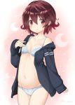  1girl arched_back arm_at_side bell_(oppore_coppore) blue_bra blue_panties bow bow_panties bra breasts brown_hair cowboy_shot gradient_hair hair_between_eyes kantai_collection looking_at_viewer multicolored_hair mutsuki_(kantai_collection) navel off_shoulder open_clothes open_shirt panties red_eyes redhead school_uniform serafuku shirt short_hair sleeves_past_wrists small_breasts smile thighs underwear 