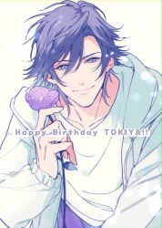  1boy arm_up blue_eyes blue_hair closed_mouth collarbone cowboy_shot english_text flower hair_between_eyes happy_birthday holding holding_flower hood hood_down hoodie ichinose_tokiya light_particles long_sleeves looking_at_viewer male_focus pants purple_flower purple_pants shirt simple_background smile tobotobooo undershirt uta_no_prince-sama white_background white_hoodie white_shirt 