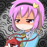  1girl blouse blue_blouse disdain face headband heart komeiji_satori mihune moe_musume pixiv portrait purple_hair red_eyes shaded_face solo third_eye touhou 