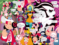  2000s_(style) 6+boys 6+girls alien amp_(cool_cool_toon) aqua_skin arm_at_side arms_behind_back baseball_cap black_hair black_headphones black_lips black_sclera black_shirt black_thighhighs black_undershirt blonde_hair blue_footwear blue_pants bodysuit bolt_(hardware) boots breasts broad_shoulders bug_print building buttons car city closed_mouth collar collarbone collared_dress colored_sclera colored_skin cool_cool_toon crossed_arms crowd dot_nose dreadlocks dress driving earrings eyelashes eyepatch forehead full_body grey_outline gyoubu_ippei hair_ornament half-closed_eyes hand_on_another's_hat hat high_collar jewelry jpeg_artifacts king_(cool_cool_toon) knee_boots large_breasts legs_apart lips looking_at_another looking_back looking_to_the_side looking_up motor_vehicle mouse_(animal) multicolored_hair multiple_boys multiple_girls number_print object_through_head official_art open_hand open_mouth orange_collar orange_dress orange_eyes orange_footwear orange_pupils outdoors outline panties pants pantyshot pink_bodysuit pink_hair pointing pointing_up pointing_with_thumb pointy_ears portal_(object) print_headphones print_headwear print_shirt print_sleeves rabbit ranke_(cool_cool_toon) red_collar red_eyes red_outline red_sleeves robot screw_in_head shirt short_dress short_hair shouting silver_earrings single_earring single_tear single_thighhigh sleeve_cuffs smiley_face snk solo_focus speech_bubble standing stitched_face stitched_leg stitches streaked_hair striped_clothes striped_panties teeth thigh-highs third-party_source toon_(style) translation_request trash_can turtleneck two-tone_hair two-tone_panties two-tone_shirt underwear wheel white_hair white_hat white_lips white_rabbit_(animal) white_shirt white_skin white_sleeve_cuffs white_tail yusa_(cool_cool_toon) 