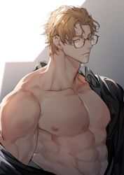  1boy abs bare_pectorals black-framed_eyewear black_shirt blonde_hair closed_mouth expressionless glasses highres large_pectorals male_focus miyamoyan muscular muscular_male nipples nu_carnival open_clothes open_shirt pectorals quincy_(nu_carnival) shirt short_hair single_bare_shoulder solo upper_body yellow_eyes 